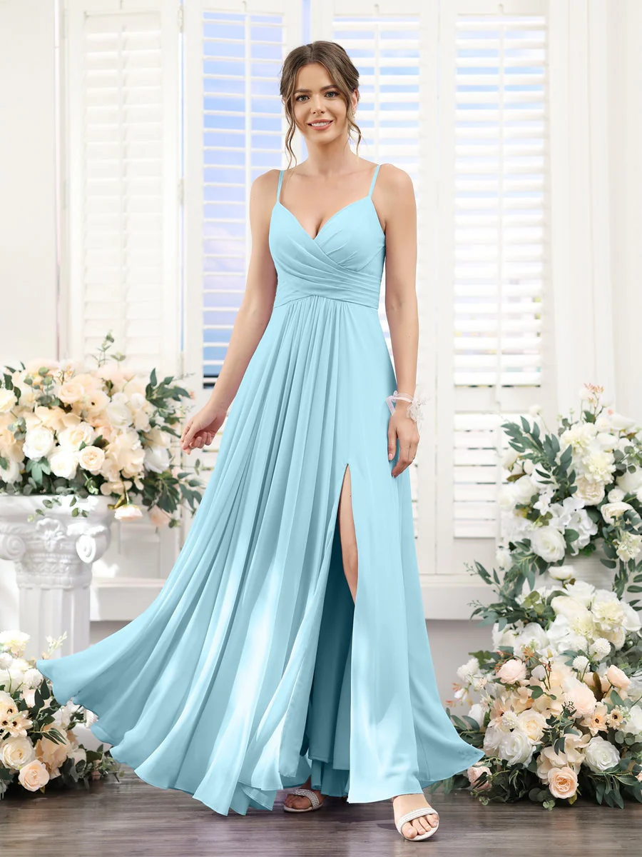 A-Line/Princess V-Neck Spaghetti Straps Sleeveless Floor-Length Chiffon Bridesmaid Dresses with Split Side - Image 49