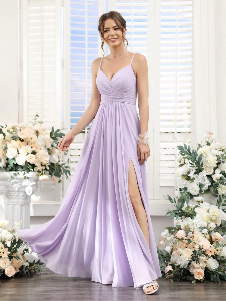 A-Line/Princess V-Neck Spaghetti Straps Sleeveless Floor-Length Chiffon Bridesmaid Dresses with Split Side - Image 5