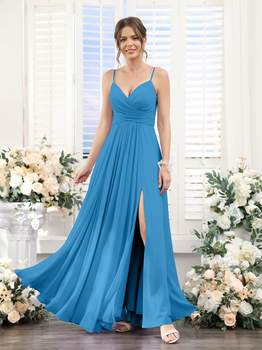 A-Line/Princess V-Neck Spaghetti Straps Sleeveless Floor-Length Chiffon Bridesmaid Dresses with Split Side - Image 53