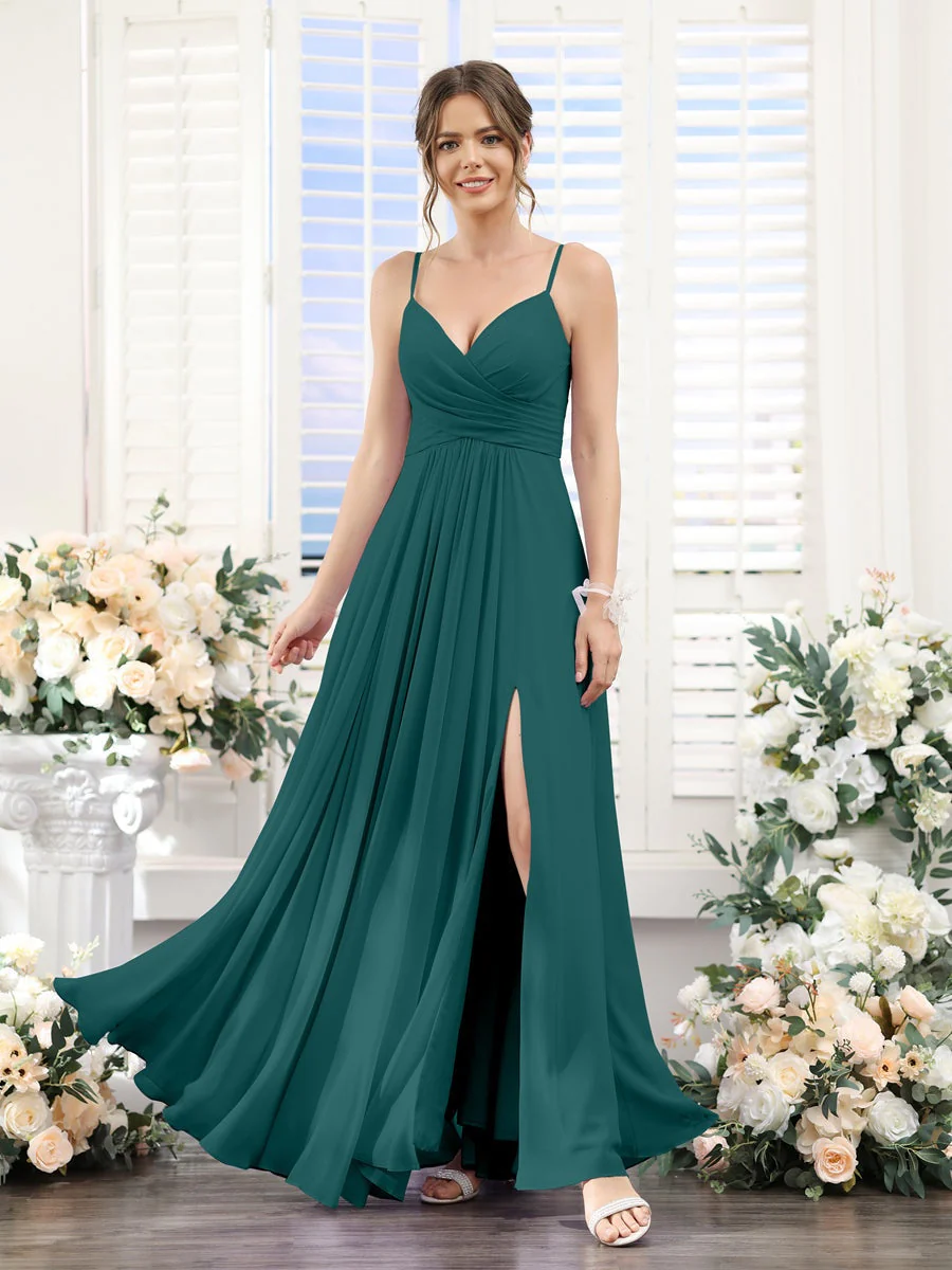 A-Line/Princess V-Neck Spaghetti Straps Sleeveless Floor-Length Chiffon Bridesmaid Dresses with Split Side - Image 66