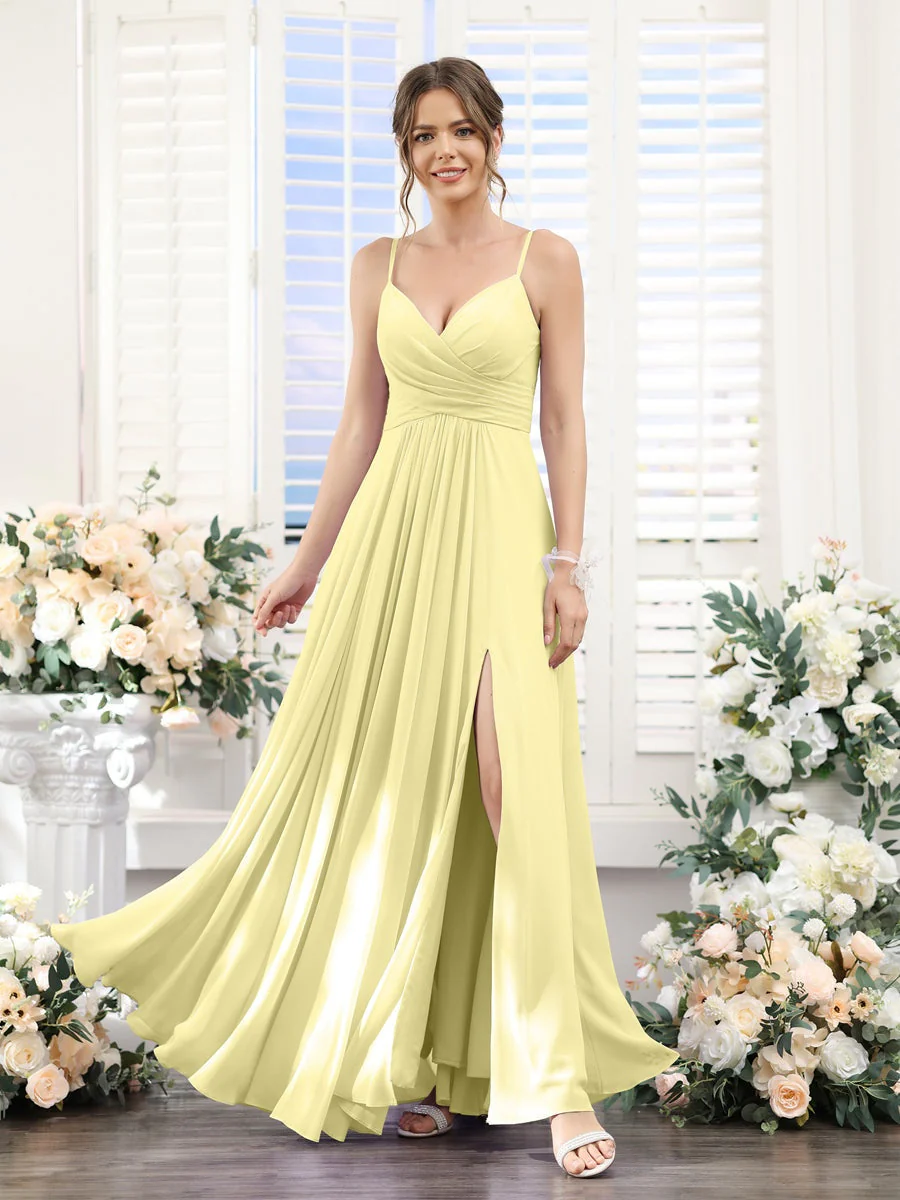 A-Line/Princess V-Neck Spaghetti Straps Sleeveless Floor-Length Chiffon Bridesmaid Dresses with Split Side - Image 69