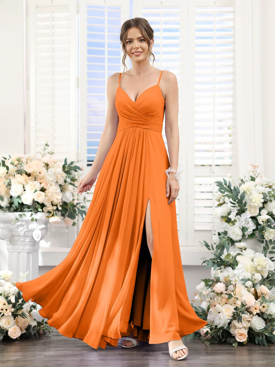 A-Line/Princess V-Neck Spaghetti Straps Sleeveless Floor-Length Chiffon Bridesmaid Dresses with Split Side - Image 72