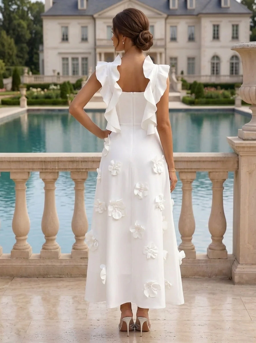 A-Line/Princess V-Neck Stretch Satin Cocktail Dresses with 3D Flowers Sleeveless Ruffles Tea-Length Formal Dresses Little White Dresses - Image 2
