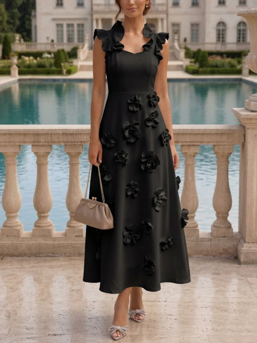 A-Line/Princess V-Neck Stretch Satin Cocktail Dresses with 3D Flowers Sleeveless Ruffles Tea-Length Formal Dresses Little White Dresses - Image 3