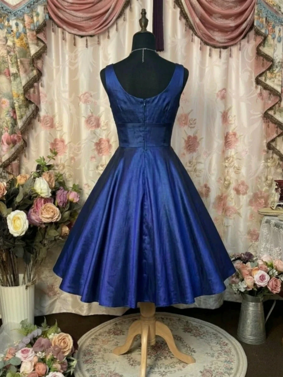 A-Line/Princess V-Neck Taffeta Prom Dresses Vintage 80s Iridescent Dress Sleeveless Tea-Length Pleated - Image 2