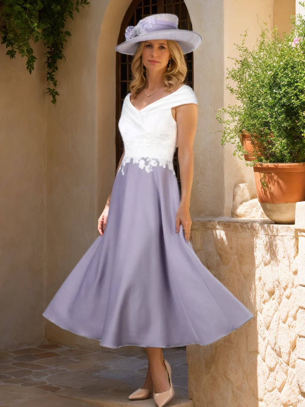 A-Line/Princess V-Neck Tea-Length Classic Mother of the Bride Dresses with Lace Appliques - Image 2
