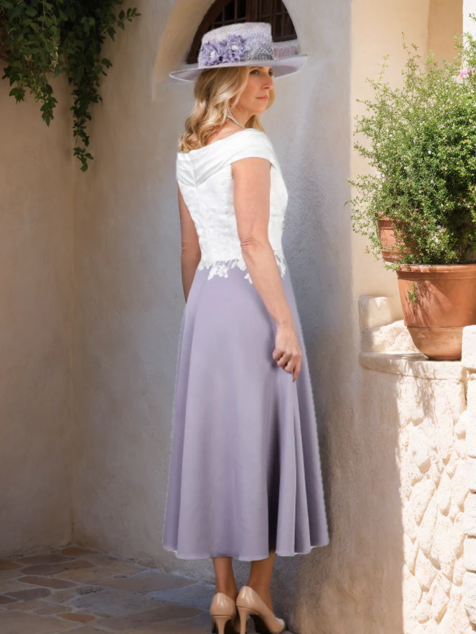A-Line/Princess V-Neck Tea-Length Classic Mother of the Bride Dresses with Lace Appliques - Image 3