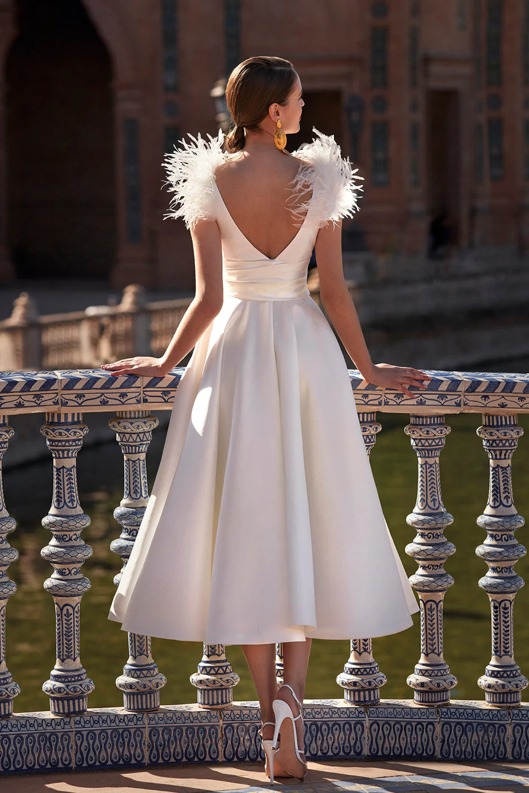 A-Line/Princess V-Neck Tea-Length Feather Elegant Wedding Dress - Image 2