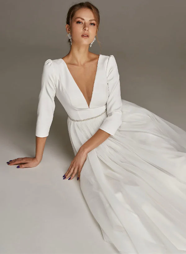 A-Line/Princess V-Neck Tea-Length Wedding Dress - Image 2