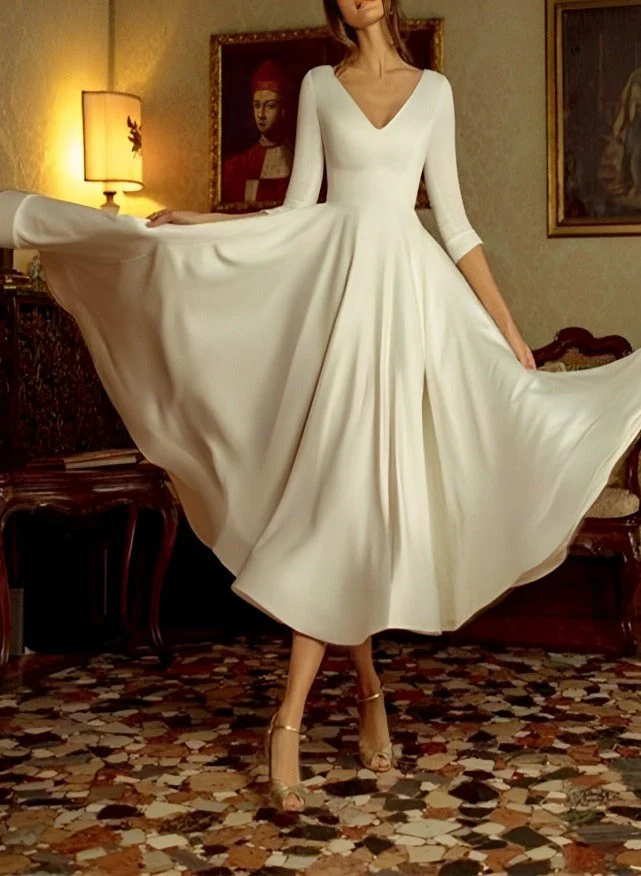 A-Line/Princess V-Neck Tea-Length Wedding Dress - Image 2
