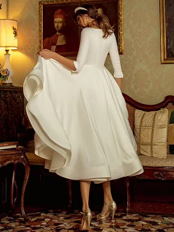 A-Line/Princess V-Neck Tea-Length Wedding Dress - Image 3
