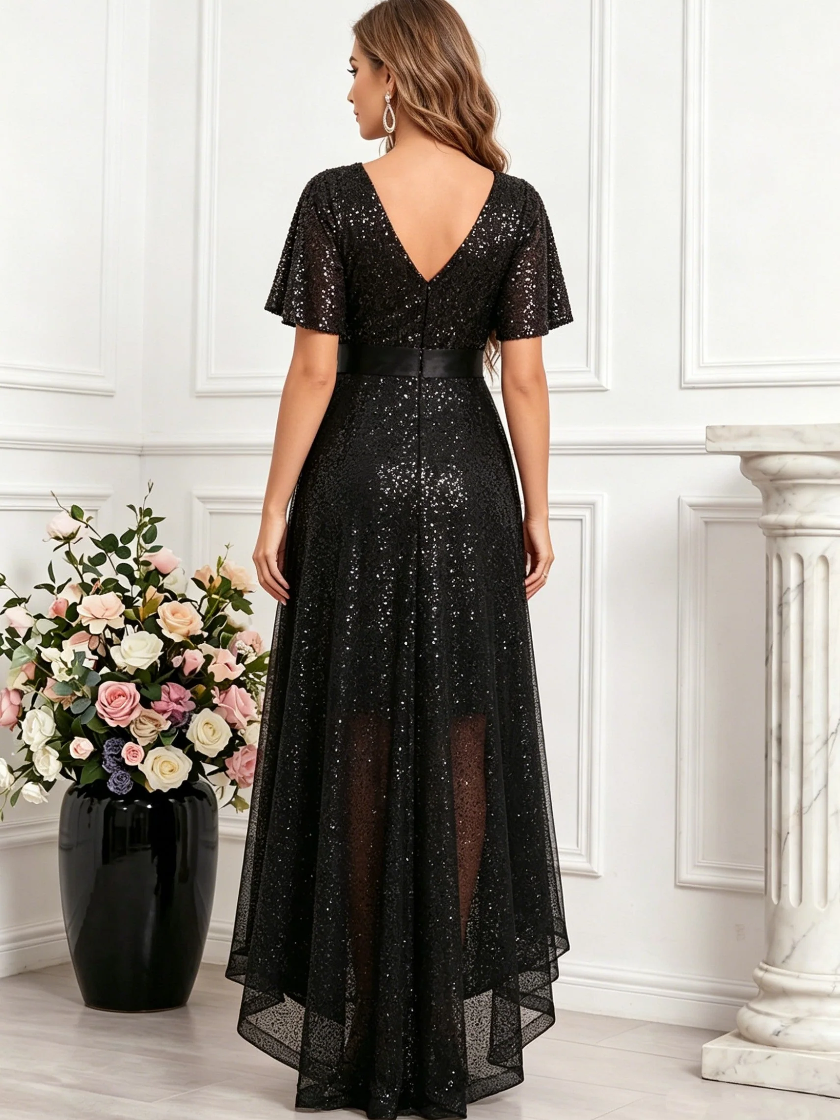 A-Line/Princess V-Neck Tulle Wedding Guest Dresses Asymmetrical Floor-Length Short Sleeves Sequins - Image 2