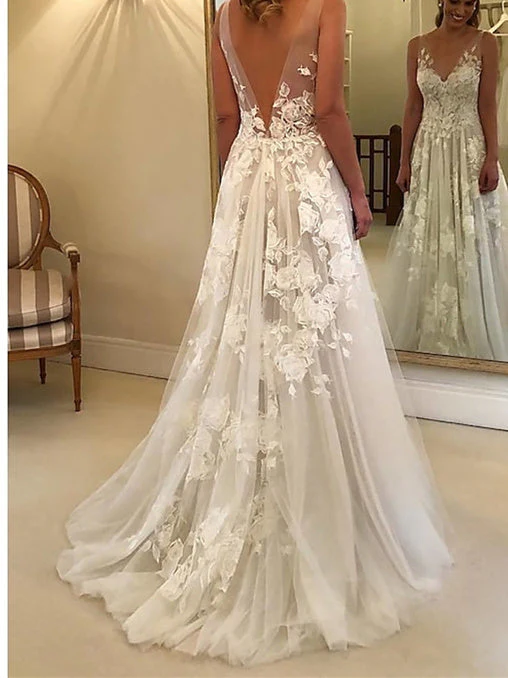 A-Line/Princess Wedding Dresses Sweep / Brush Train With Appliques - Image 3