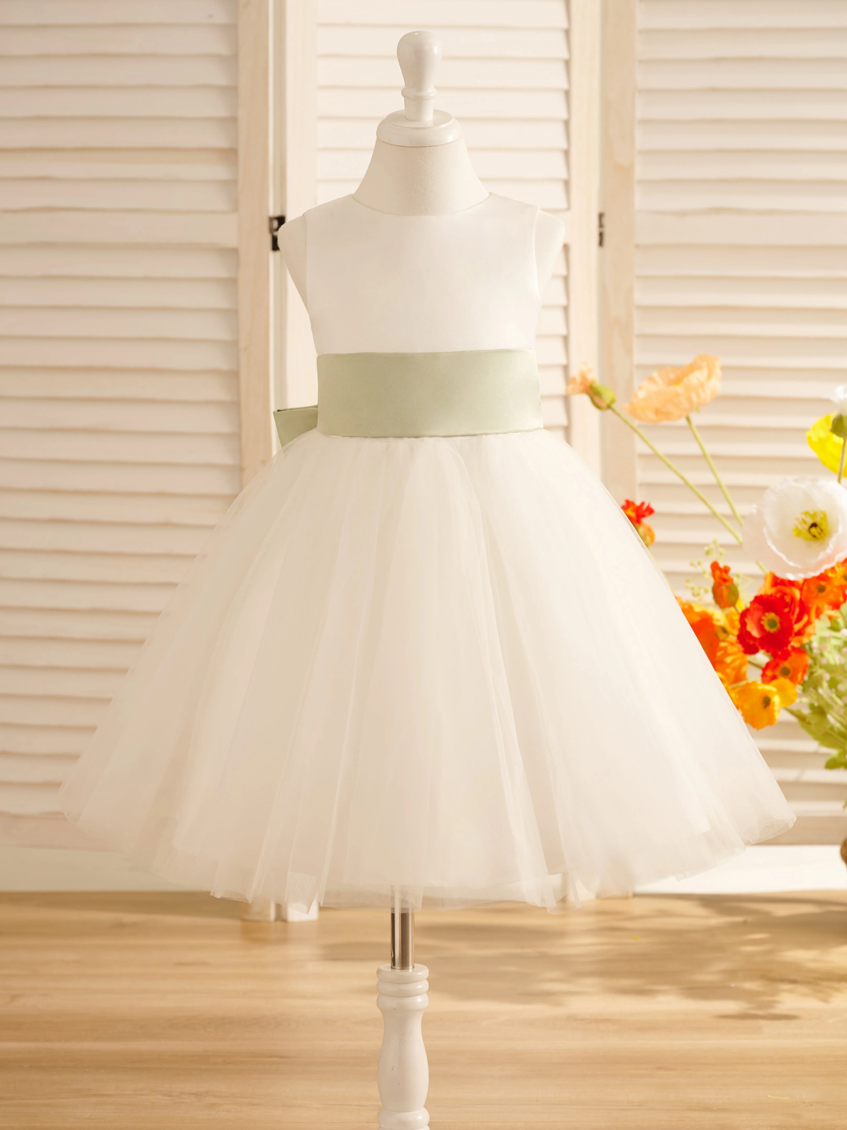 A-Line Satin Tulle Knee-length Flower Girl Dress - Image 9