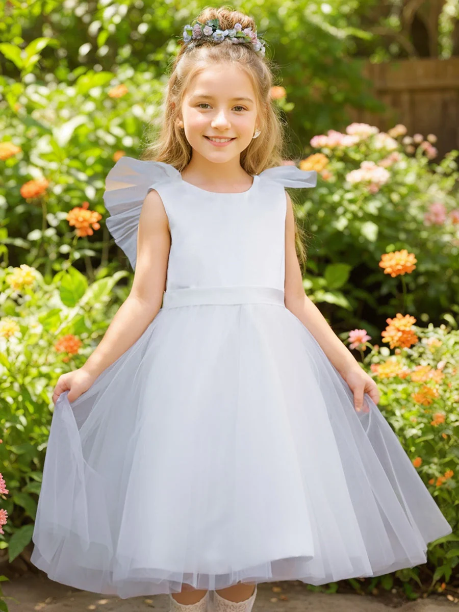 A-line Satin Tulle Knee-length Flower Girl Dress - Image 3