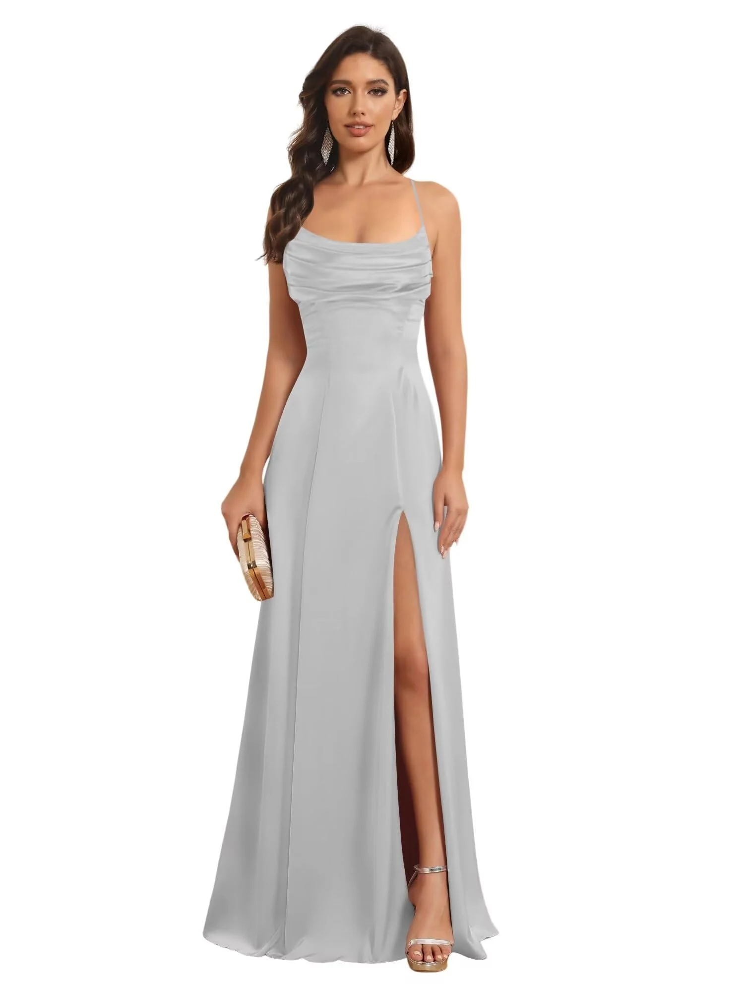 A-Line Spaghetti Straps Sleeveless Floor Length Bridesmaid Dresses Satin With Split Slide - Image 3