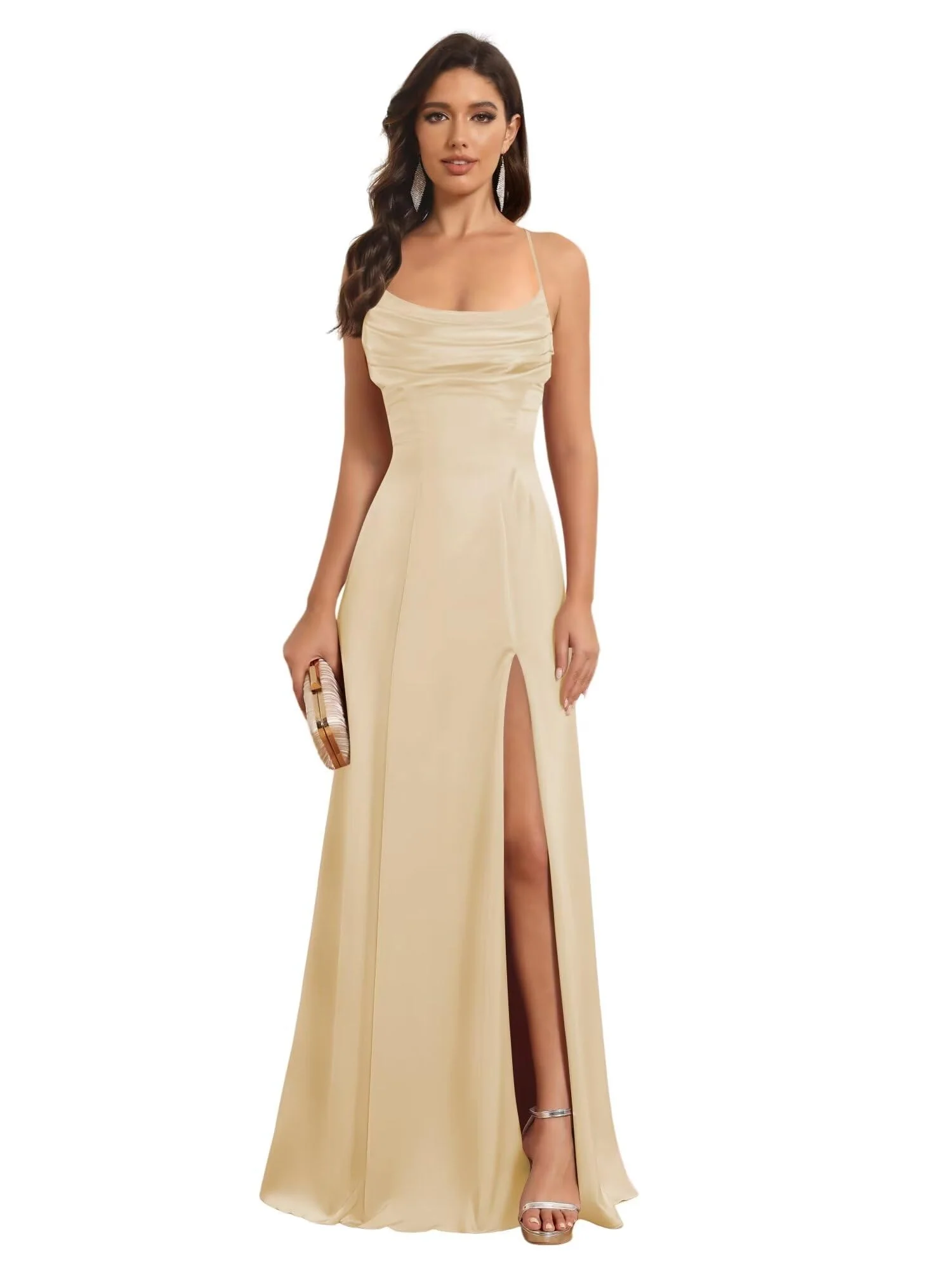 A-Line Spaghetti Straps Sleeveless Floor Length Bridesmaid Dresses Satin With Split Slide - Image 33