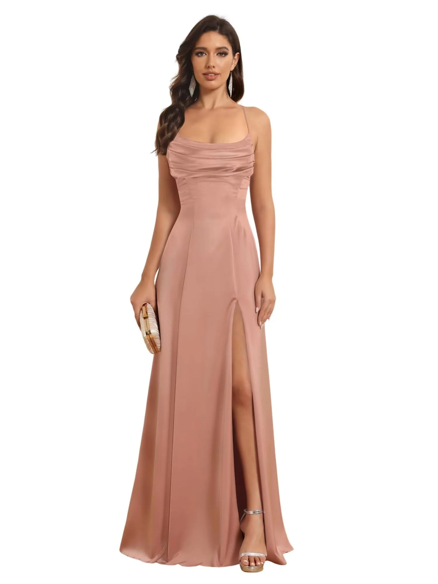 A-Line Spaghetti Straps Sleeveless Floor Length Bridesmaid Dresses Satin With Split Slide - Image 35