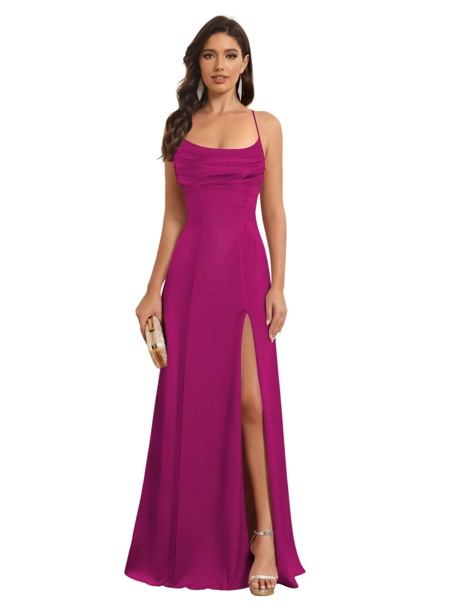 A-Line Spaghetti Straps Sleeveless Floor Length Bridesmaid Dresses Satin With Split Slide - Image 37