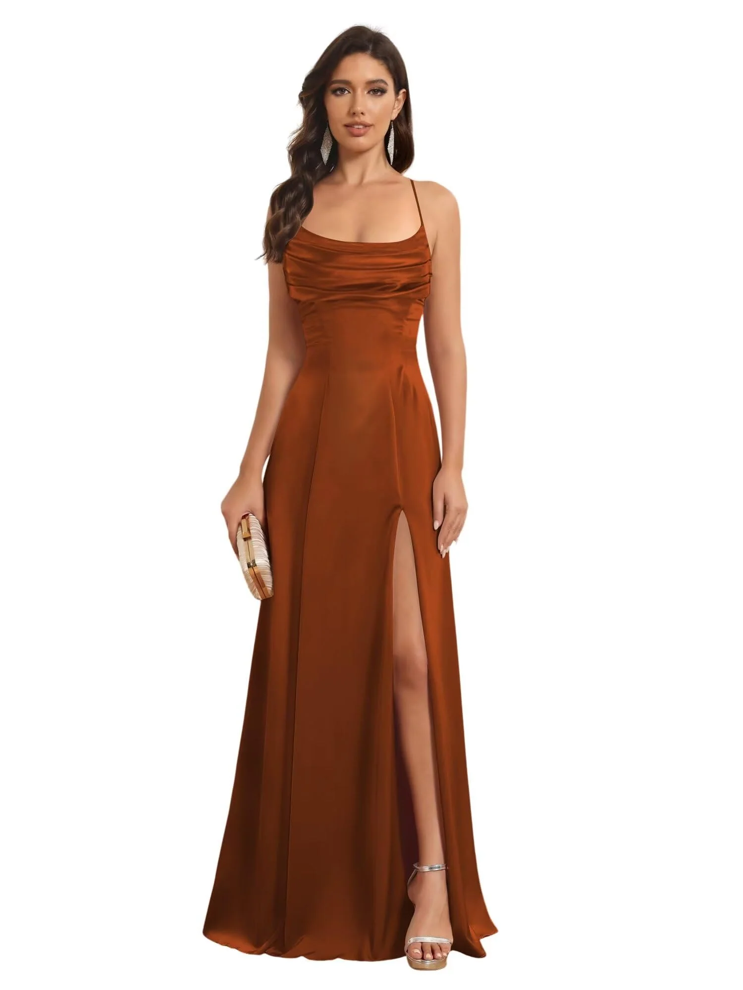 A-Line Spaghetti Straps Sleeveless Floor Length Bridesmaid Dresses Satin With Split Slide - Image 40