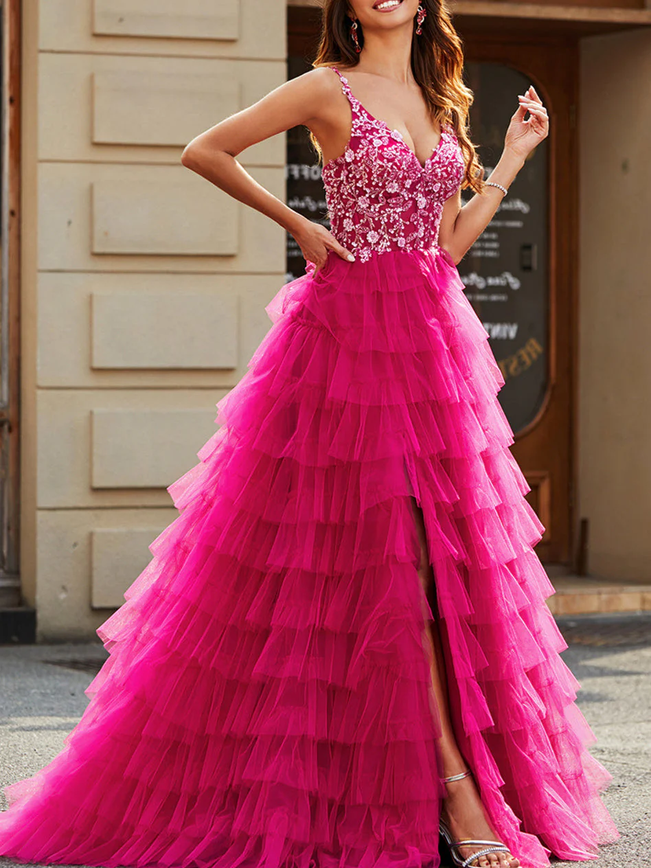 A-Line/Princess Spaghetti Straps Sleeveless Floor-Length Evening Dress with Appliques Ruffles - Image 4
