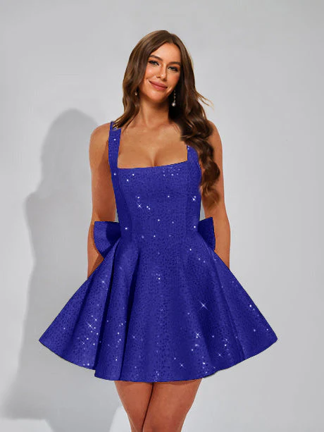 A-Line Square Neck Sequin Short Homecoming Dresses with Bow - Image 14