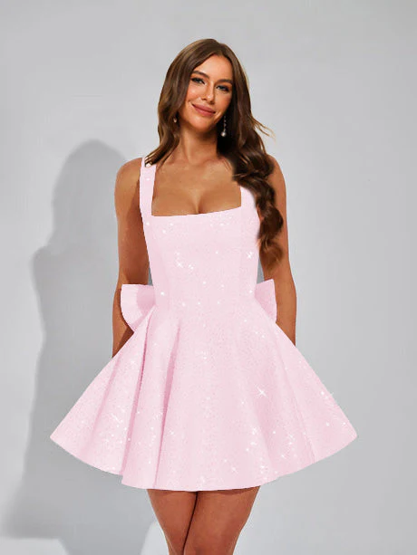 A-Line Square Neck Sequin Short Homecoming Dresses with Bow - Image 20