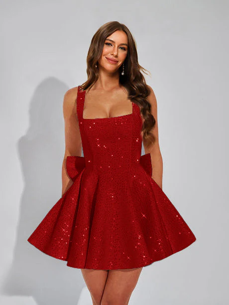 A-Line Square Neck Sequin Short Homecoming Dresses with Bow - Image 33