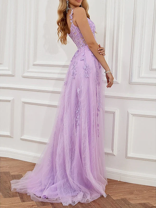 A-Line Sweep/Brush Train Sleeveless Sweetheart Tulle Backless Prom Dress with Beading Slit Appliques - Image 3