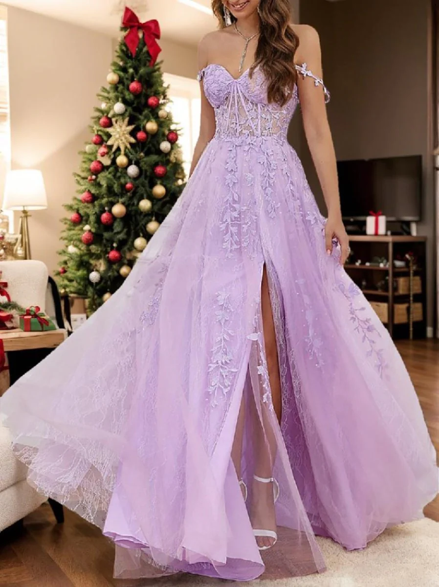 A-Line Sweep/Brush Train Sleeveless Sweetheart Tulle Backless Prom Dress with Beading Slit Appliques - Image 4