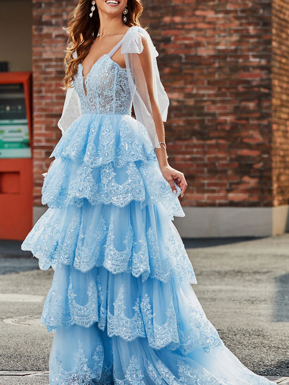 A-Line/Princess Sweetheart Bow Tie Straps Floor-Length Tiered Flower Formal Dress with Embroidery - Image 2