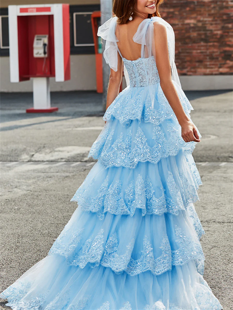A-Line/Princess Sweetheart Bow Tie Straps Floor-Length Tiered Flower Formal Dress with Embroidery - Image 6