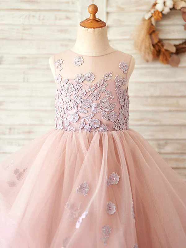 A-line Tulle Floor-length Pink Flower Girl Dress - Image 3
