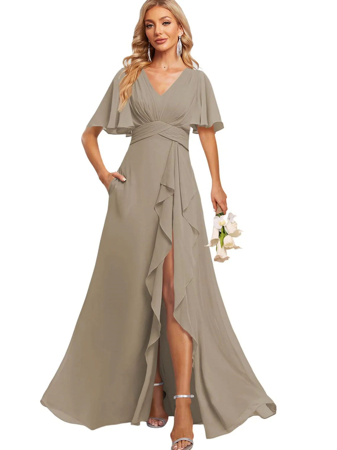 A Line V Neck Flutter Sleeve Floor Length Bridesmaid Dresses with Pockets with Slit Ruffles - Image 33