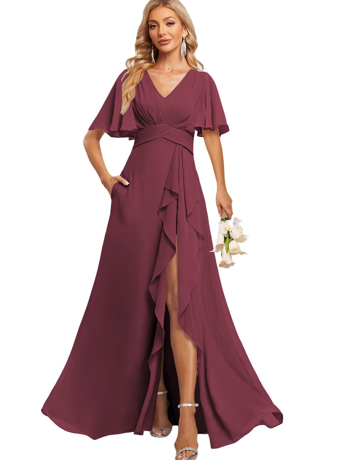 A Line V Neck Flutter Sleeve Floor Length Bridesmaid Dresses with Pockets with Slit Ruffles - Image 37