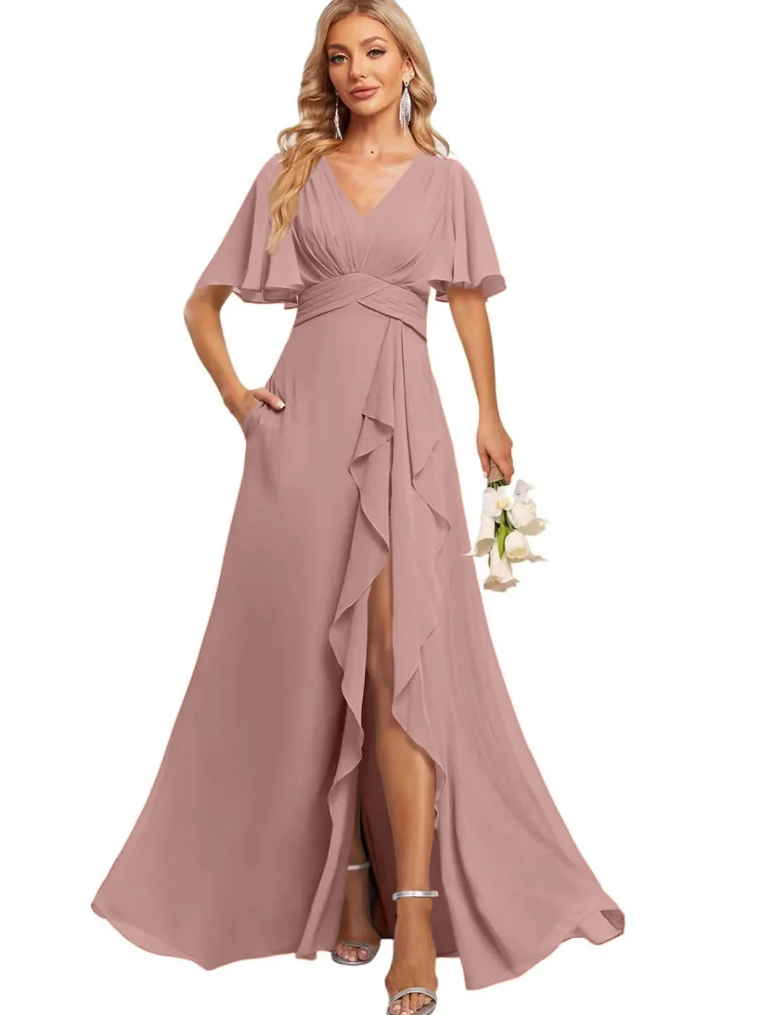A Line V Neck Flutter Sleeve Floor Length Bridesmaid Dresses with Pockets with Slit Ruffles - Image 46