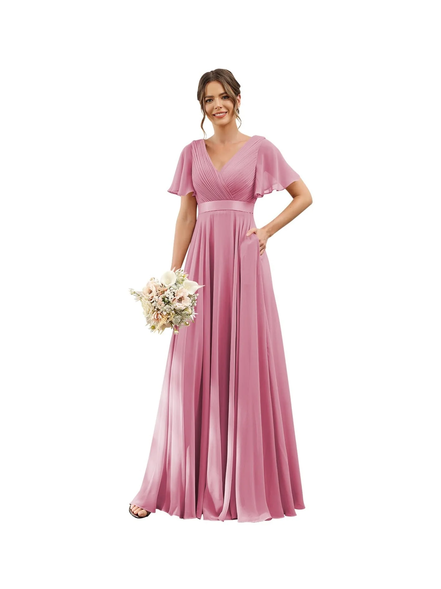 A-Line  V Neck Flutter Sleeves  Floor Length Bridesmaid Dresses  Chiffon  with Pockets Ruched - Image 11