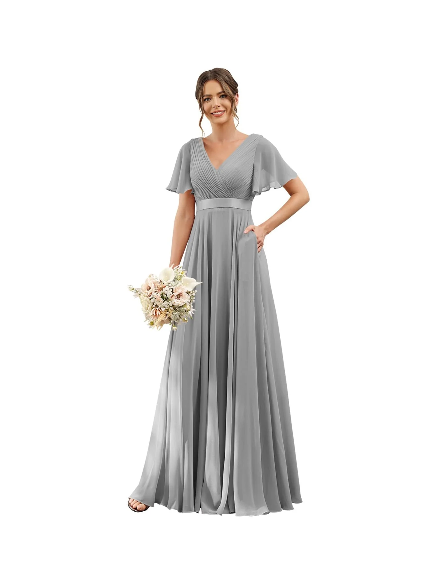 A-Line  V Neck Flutter Sleeves  Floor Length Bridesmaid Dresses  Chiffon  with Pockets Ruched - Image 17