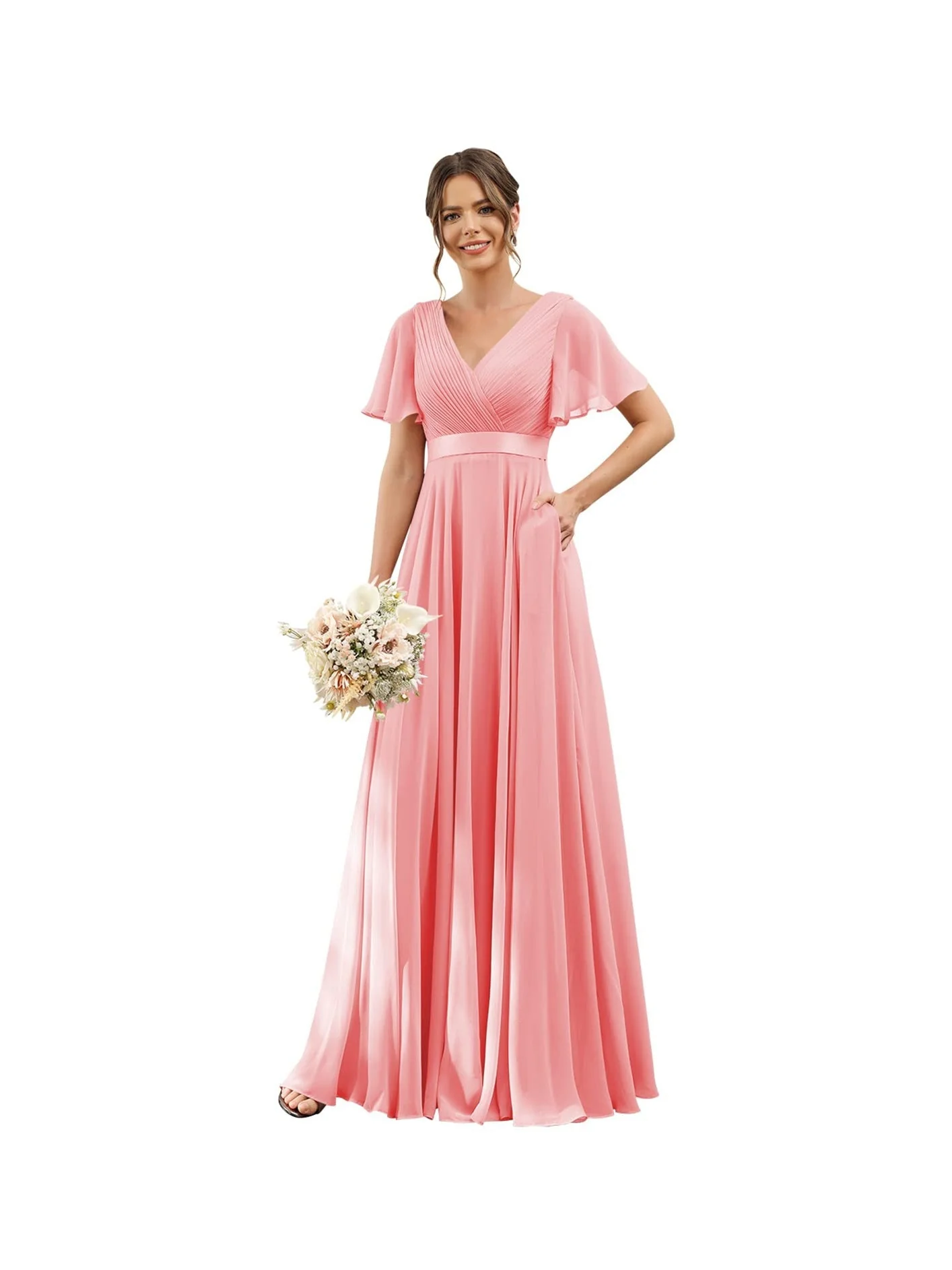 A-Line  V Neck Flutter Sleeves  Floor Length Bridesmaid Dresses  Chiffon  with Pockets Ruched - Image 24