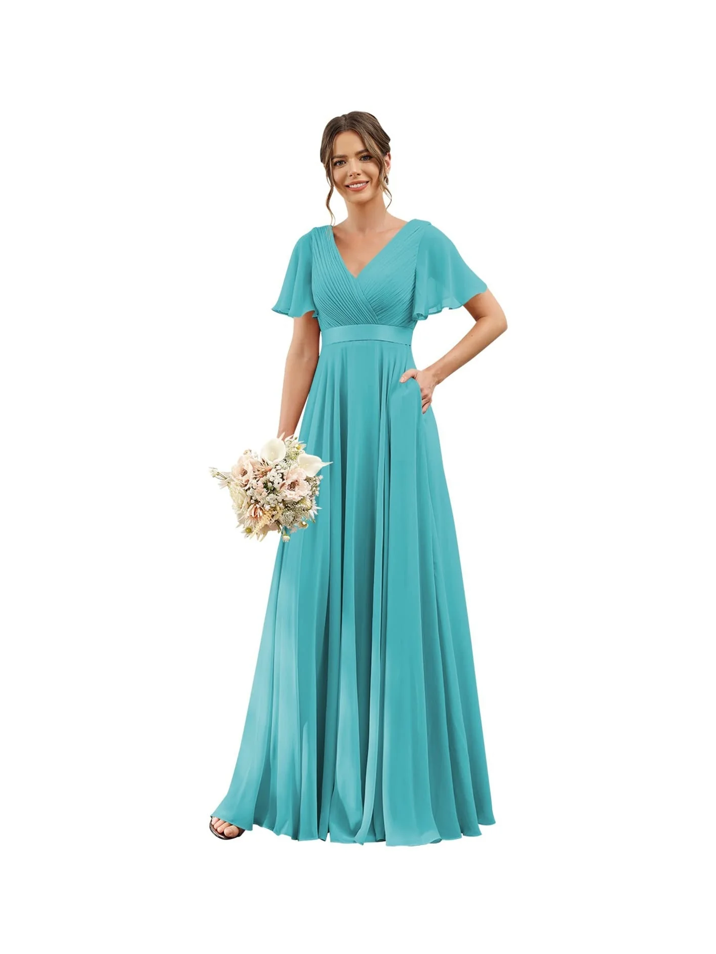 A-Line  V Neck Flutter Sleeves  Floor Length Bridesmaid Dresses  Chiffon  with Pockets Ruched - Image 25