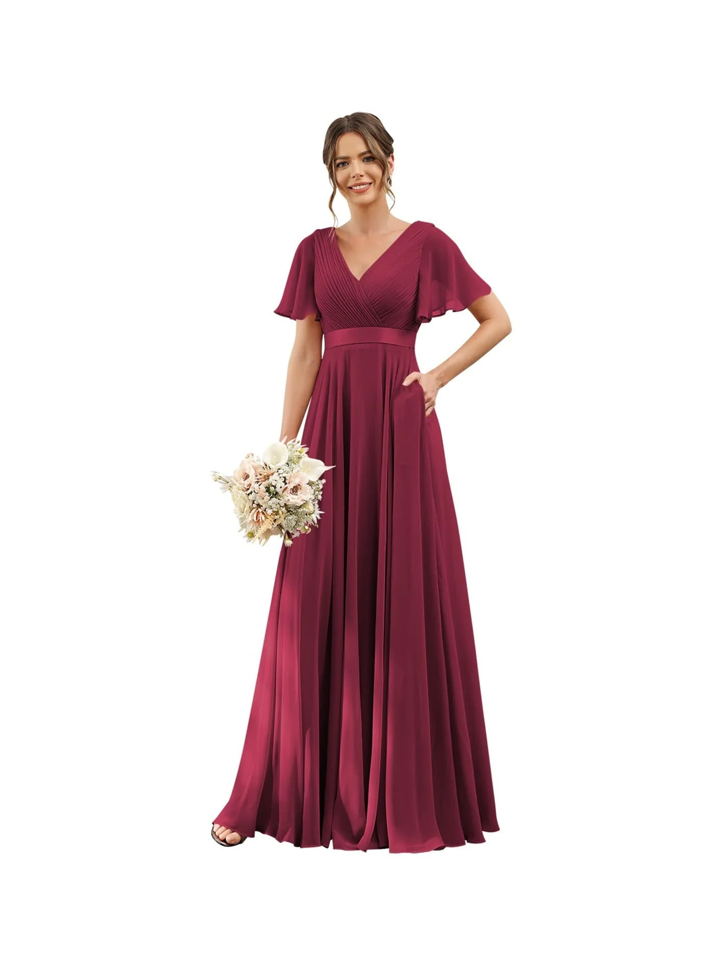 A-Line  V Neck Flutter Sleeves  Floor Length Bridesmaid Dresses  Chiffon  with Pockets Ruched - Image 27