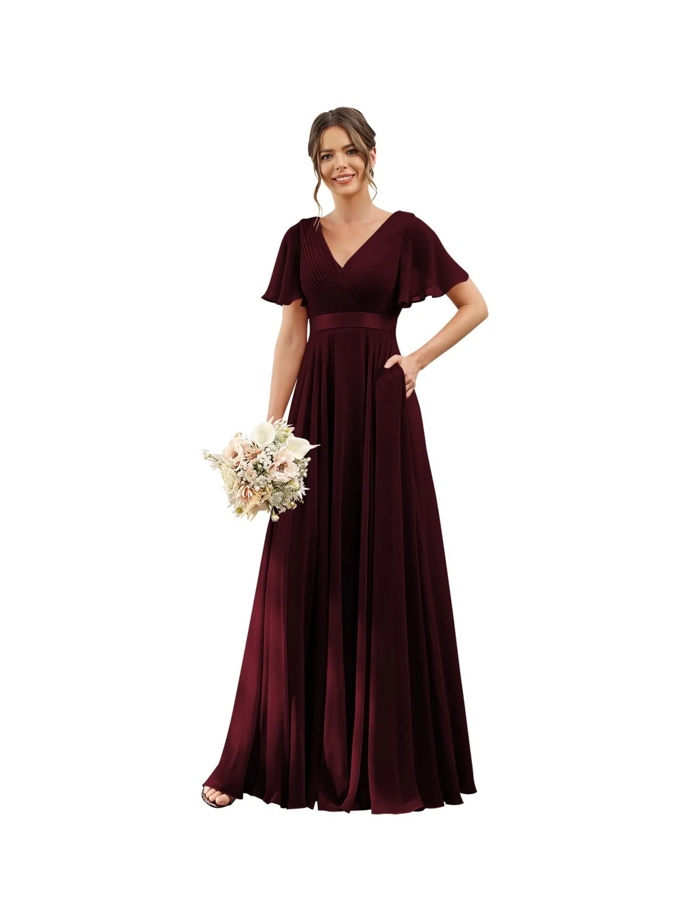 A-Line  V Neck Flutter Sleeves  Floor Length Bridesmaid Dresses  Chiffon  with Pockets Ruched - Image 3