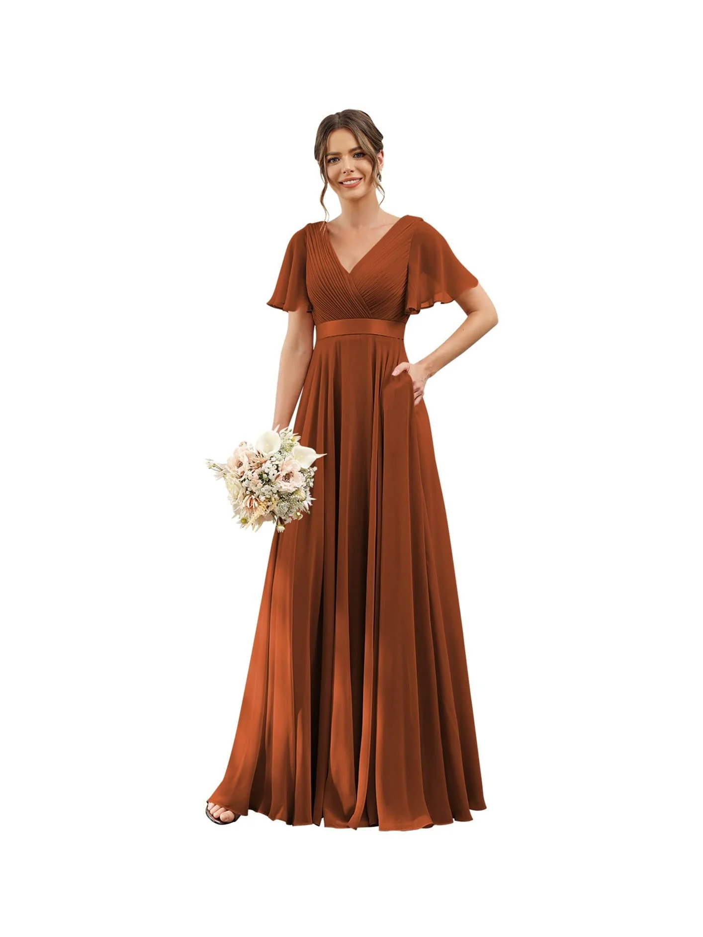 A-Line  V Neck Flutter Sleeves  Floor Length Bridesmaid Dresses  Chiffon  with Pockets Ruched - Image 31