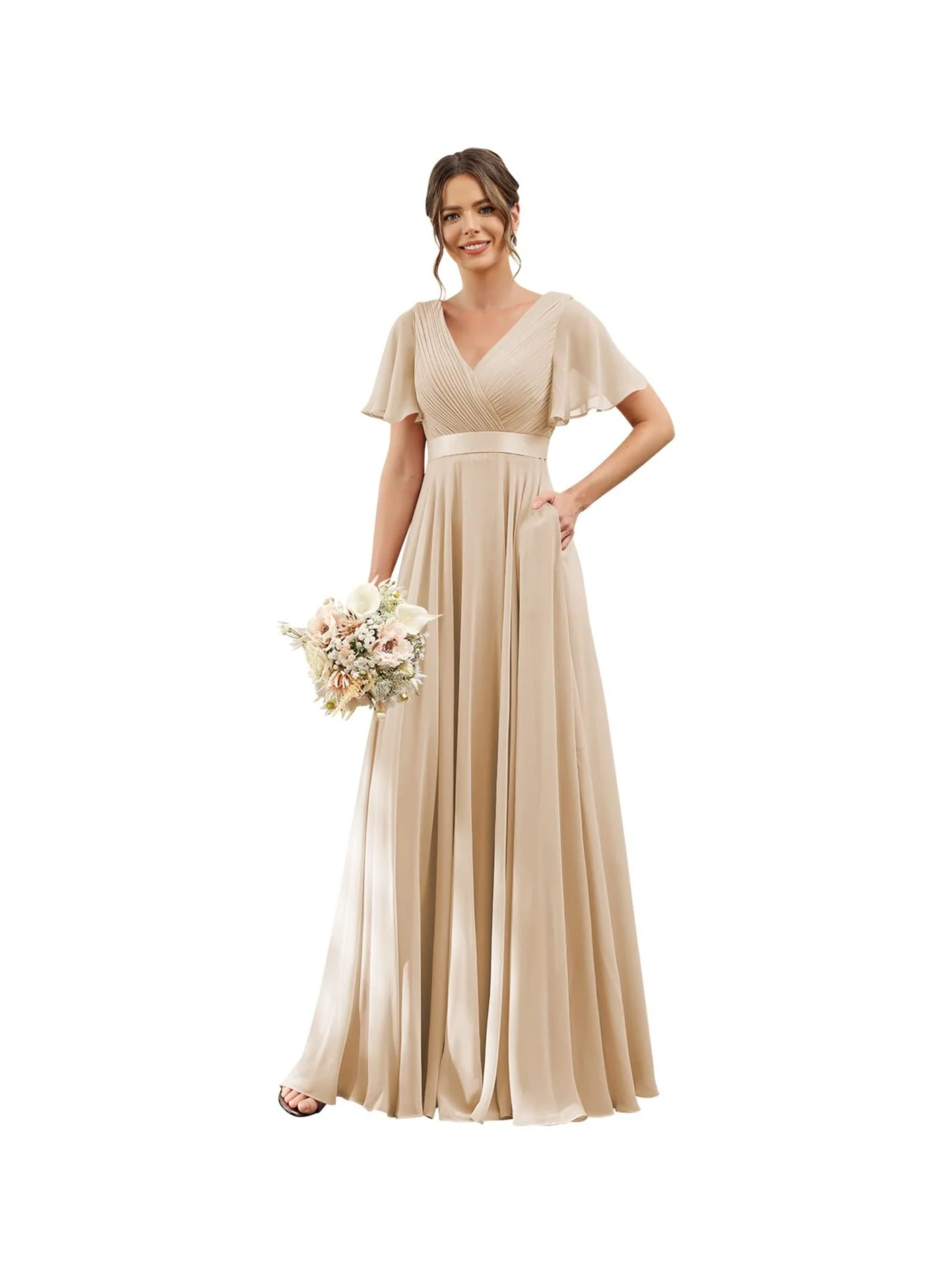 A-Line  V Neck Flutter Sleeves  Floor Length Bridesmaid Dresses  Chiffon  with Pockets Ruched - Image 32