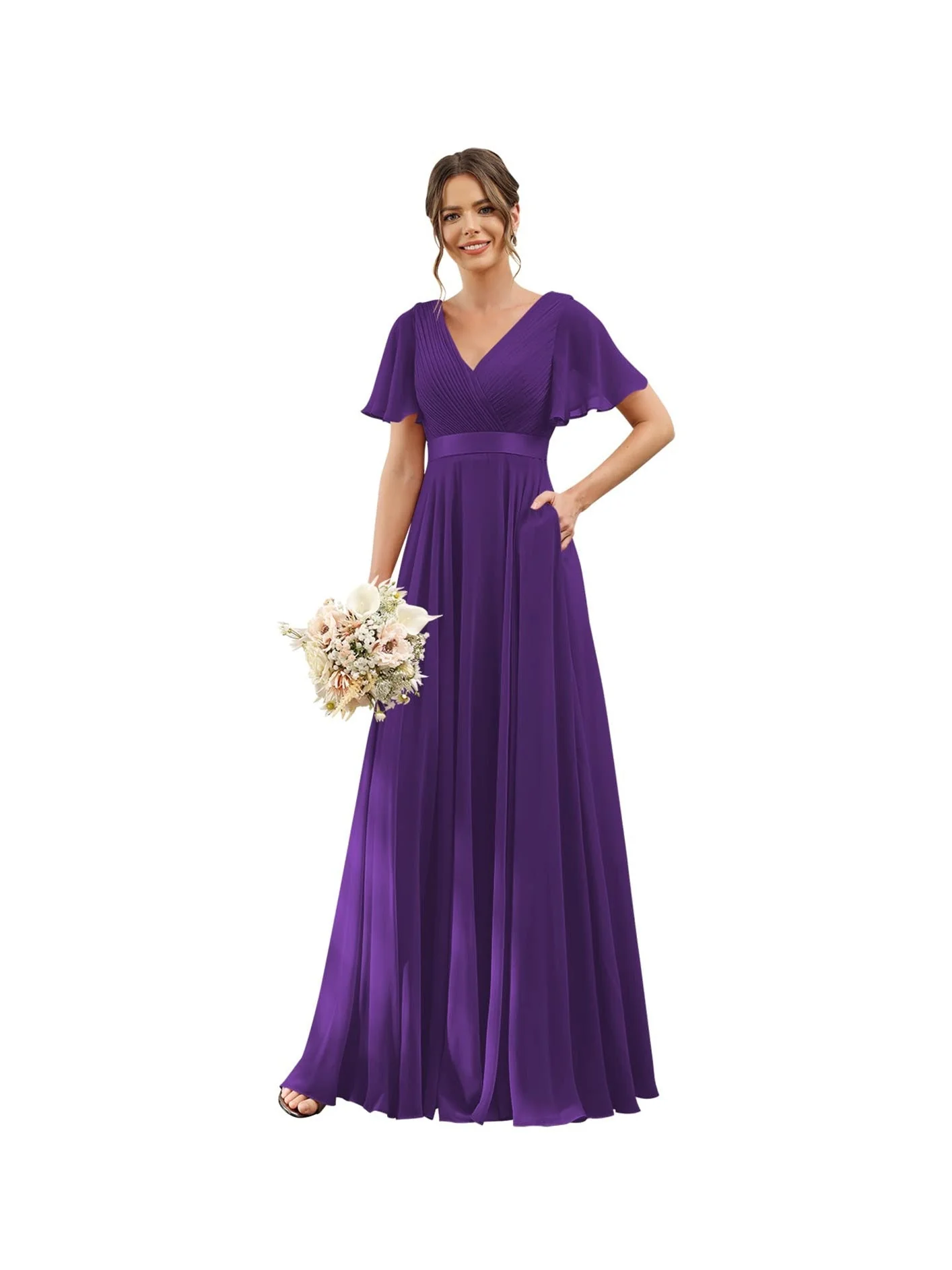 A-Line  V Neck Flutter Sleeves  Floor Length Bridesmaid Dresses  Chiffon  with Pockets Ruched - Image 4