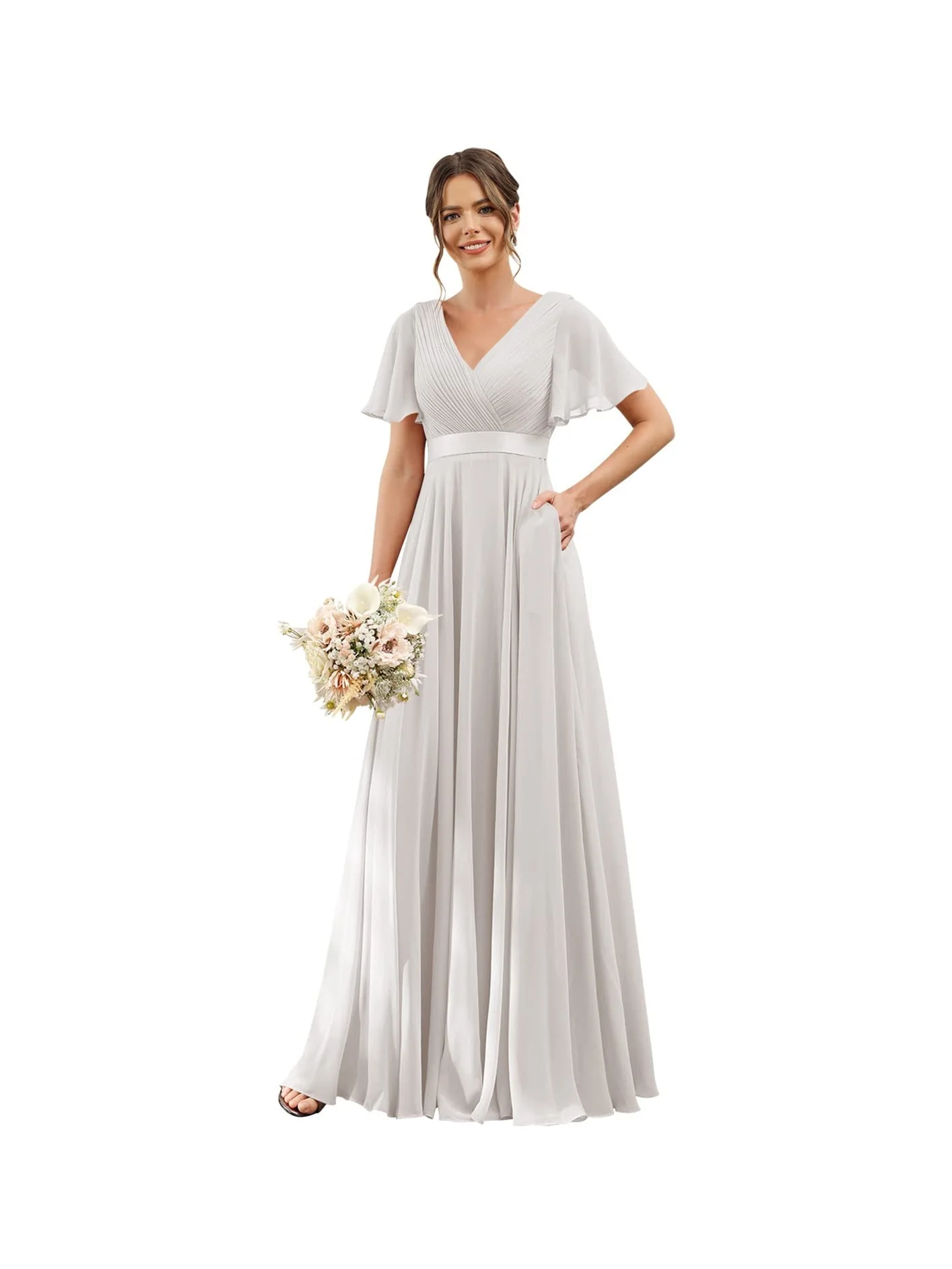 A-Line  V Neck Flutter Sleeves  Floor Length Bridesmaid Dresses  Chiffon  with Pockets Ruched - Image 8