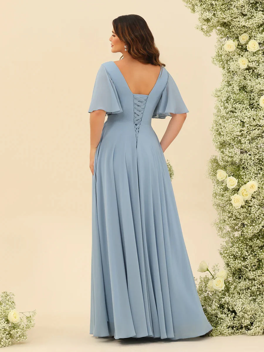 A-Line V-Neck Half Sleeves Plus Size Chiffon Bridesmaid Dresses With Split Side - Image 2