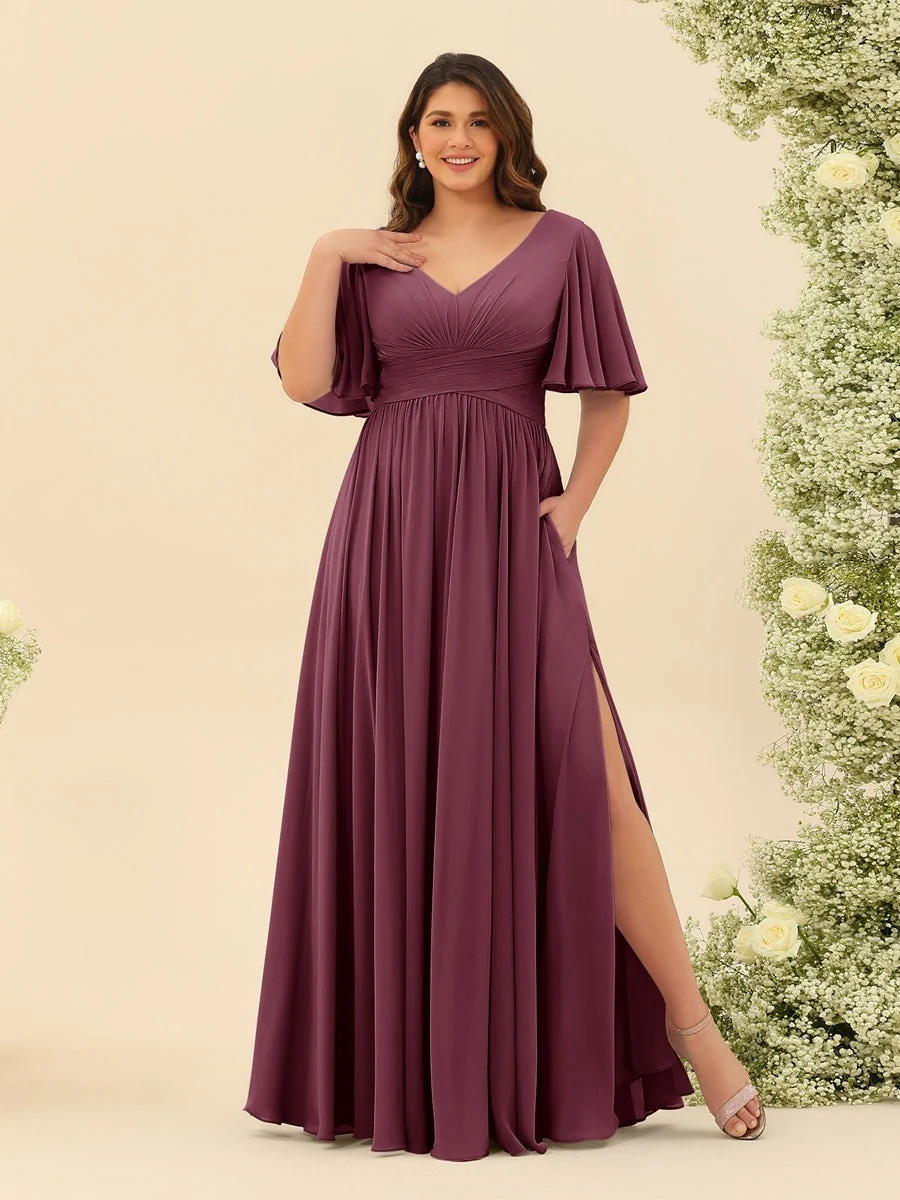 A-Line V-Neck Half Sleeves Plus Size Chiffon Bridesmaid Dresses With Split Side - Image 40