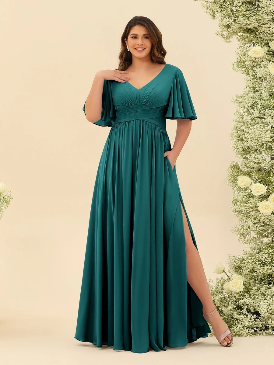 A-Line V-Neck Half Sleeves Plus Size Chiffon Bridesmaid Dresses With Split Side - Image 63