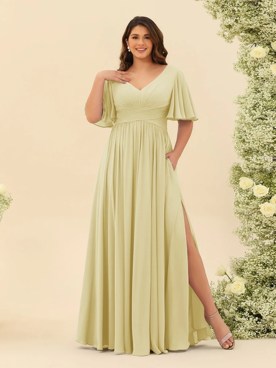 A-Line V-Neck Half Sleeves Plus Size Chiffon Bridesmaid Dresses With Split Side - Image 65
